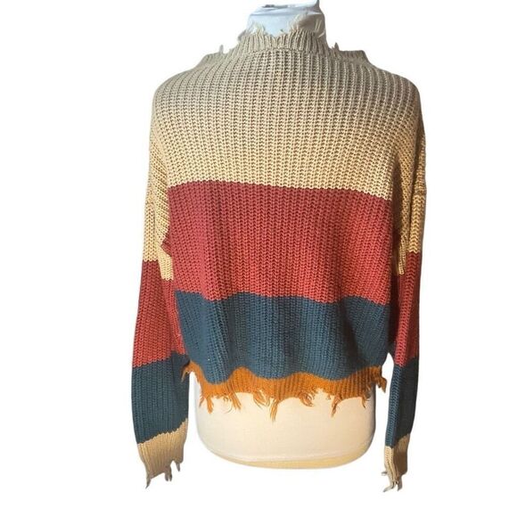 Derek Heart Colorblock Distressed Cropped  VNeck Sweater, L - Picture 3 of 16
